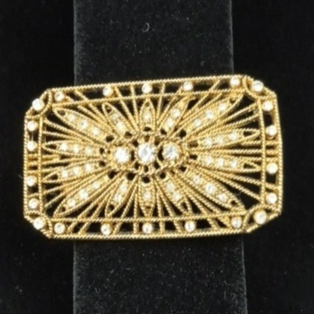 Vtg MCM Gold Filigree Sunburst Brooch Clear Rhinestones Rectangular Pin Glam